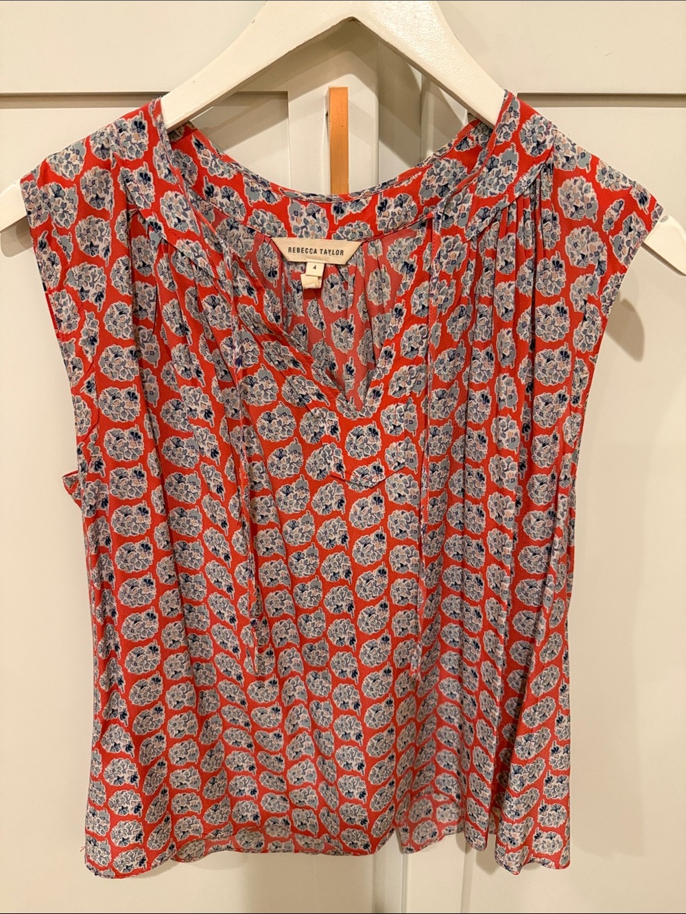 Rebecca Taylor Coral Red Floral-Print Sleeveless V-Neck Top